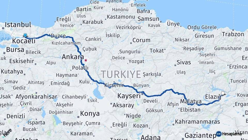 Kocaeli Kartepe Elazığ Arası Kaç Km - Yol Haritası