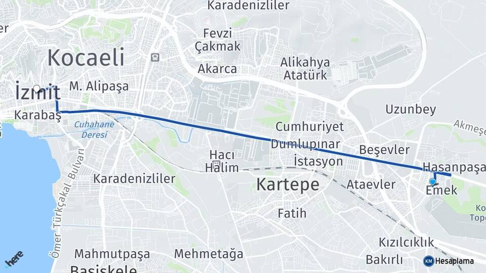 Kocaeli Kartepe Emekevler İzmit Arası Kaç Km - Yol Haritası