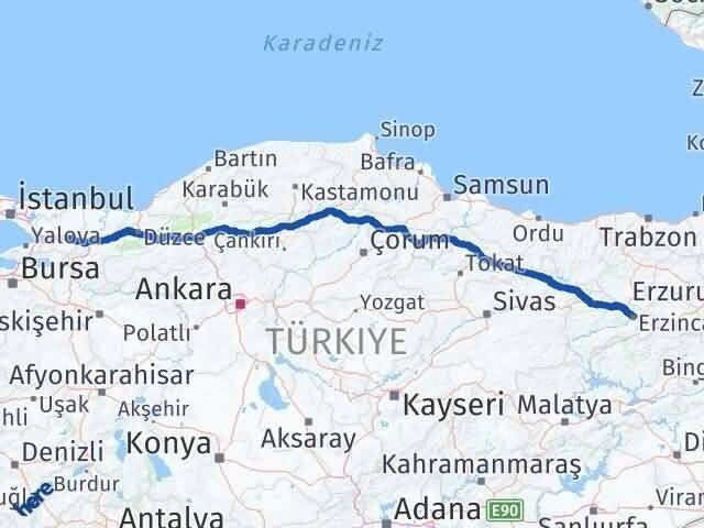Kocaeli Kartepe Erzincan Arası Kaç Km - Yol Haritası