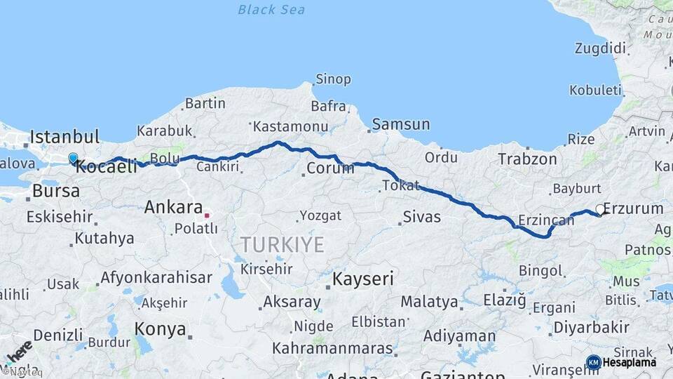 Kocaeli Kartepe Erzurum Arası Kaç Km - Yol Haritası