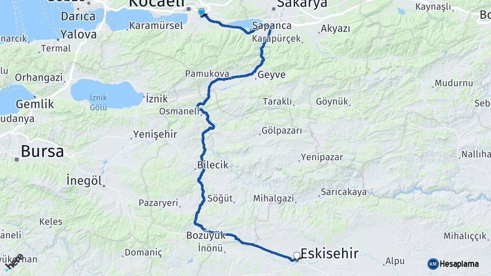 Kocaeli Kartepe Eskişehir Arası Kaç Km - Yol Haritası