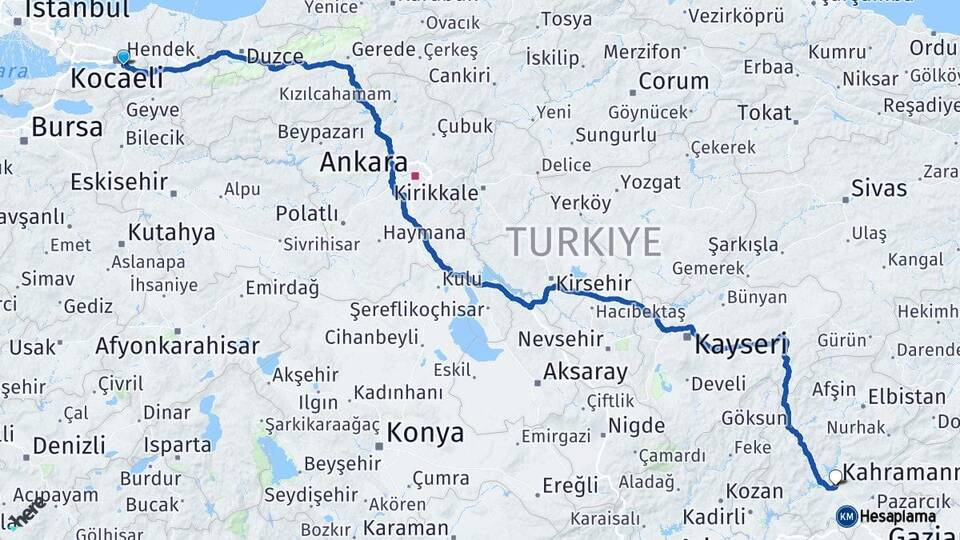 Kocaeli Kartepe Kahramanmaraş Arası Kaç Km - Yol Haritası