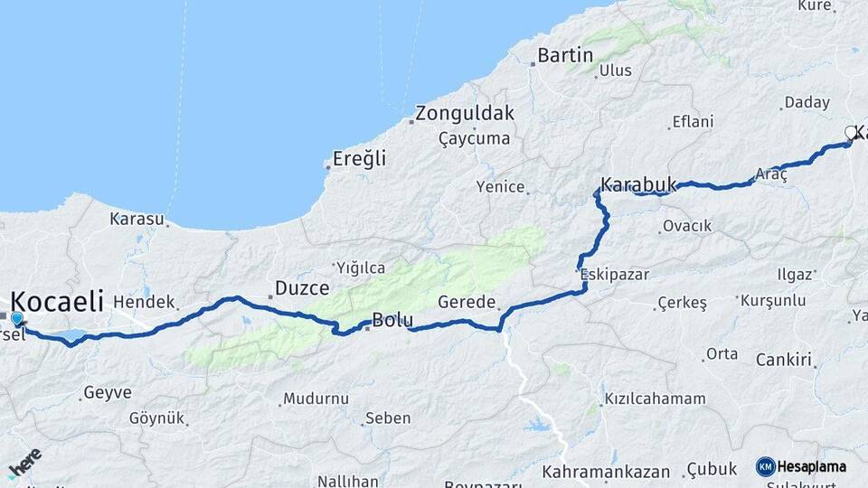 Kocaeli Kartepe Kastamonu Arası Kaç Km - Yol Haritası