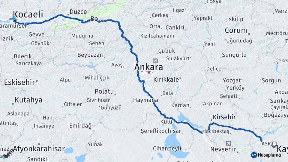 Kocaeli Kartepe Kayseri Arası Kaç Km - Yol Haritası