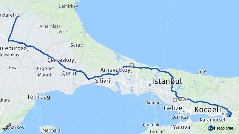 Kocaeli Kartepe Kırklareli Arası Kaç Km - Yol Haritası