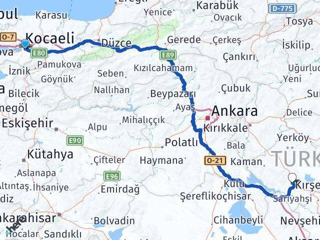 Kocaeli Kartepe Kırşehir Arası Kaç Km - Yol Haritası