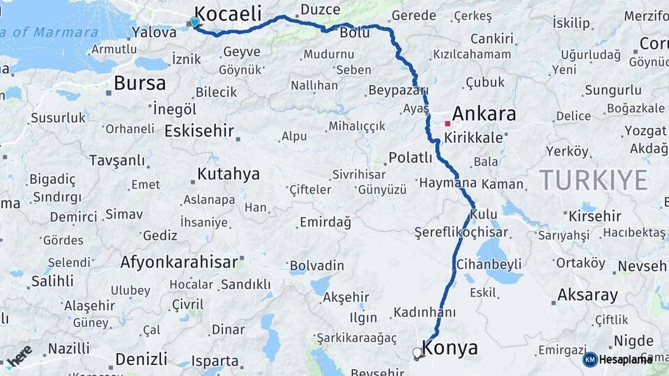 Kocaeli Kartepe Konya Arası Kaç Km - Yol Haritası