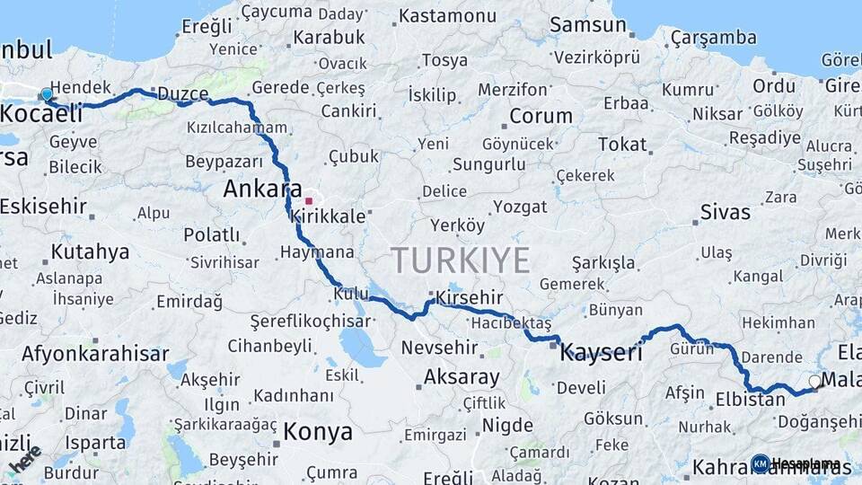Kocaeli Kartepe Malatya Arası Kaç Km - Yol Haritası