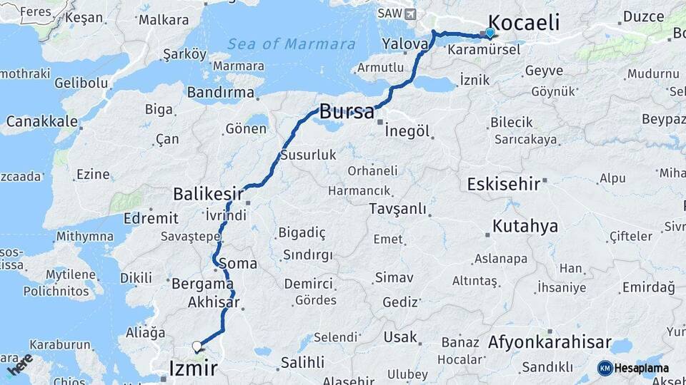 Kocaeli Kartepe Manisa Arası Kaç Km - Yol Haritası