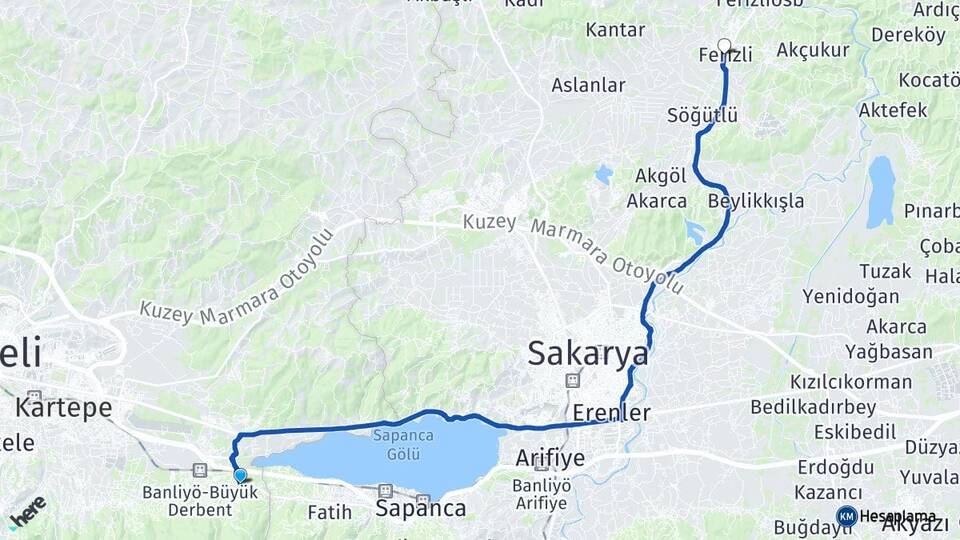 Kocaeli Kartepe Maşukiye Ferizli Sakarya Arası Kaç Km - Yol Haritası