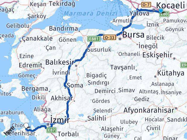 Kocaeli Kartepe Maşukiye Kadıovacık Urla İzmir Arası Kaç Km - Yol Haritası