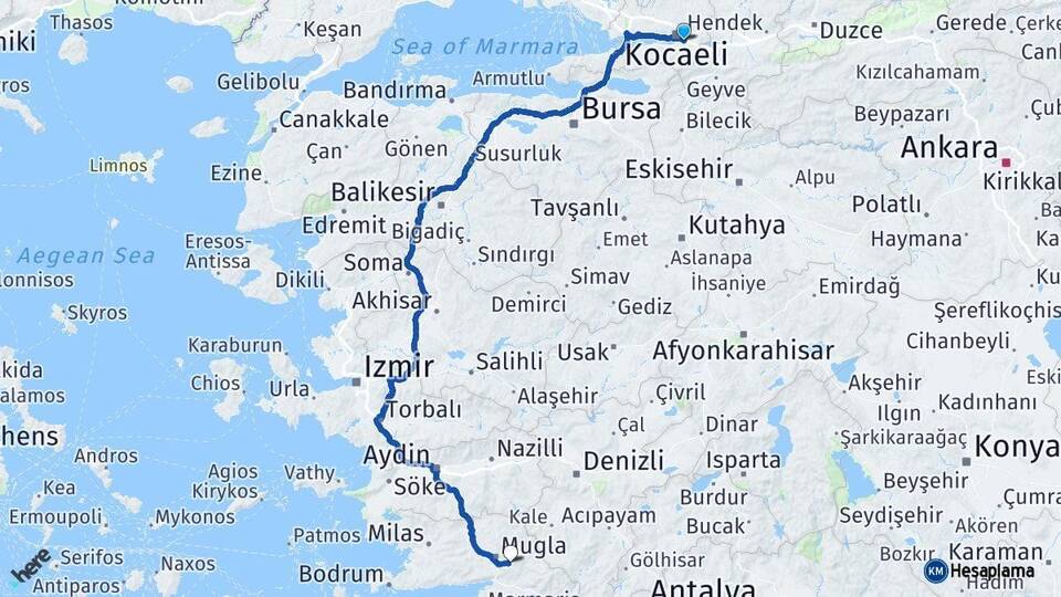 Kocaeli Kartepe Muğla Arası Kaç Km - Yol Haritası