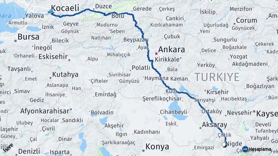 Kocaeli Kartepe Niğde Arası Kaç Km - Yol Haritası