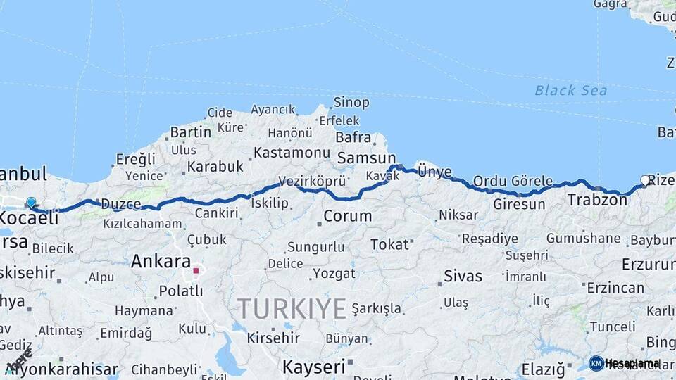 Kocaeli Kartepe Rize Arası Kaç Km - Yol Haritası