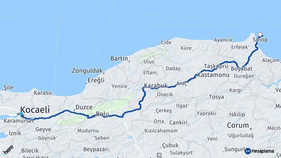 Kocaeli Kartepe Sinop Arası Kaç Km - Yol Haritası