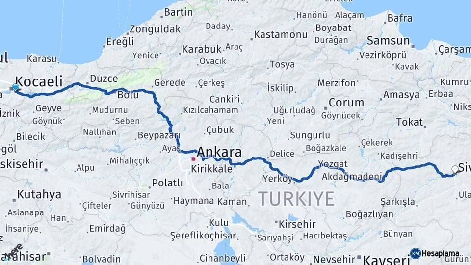 Kocaeli Kartepe Sivas Arası Kaç Km - Yol Haritası