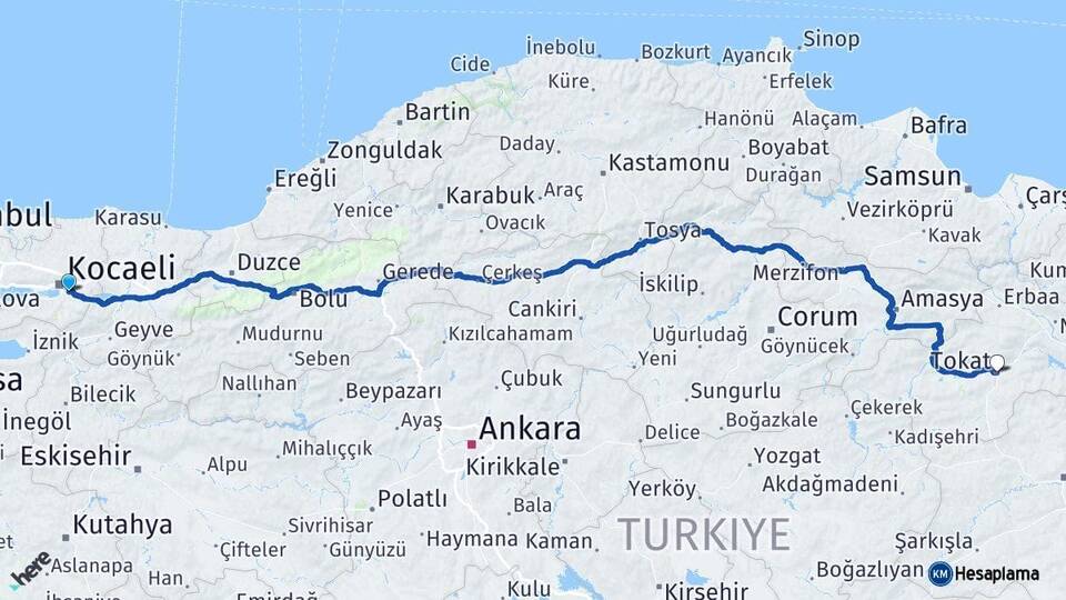 Kocaeli Kartepe Tokat Arası Kaç Km - Yol Haritası