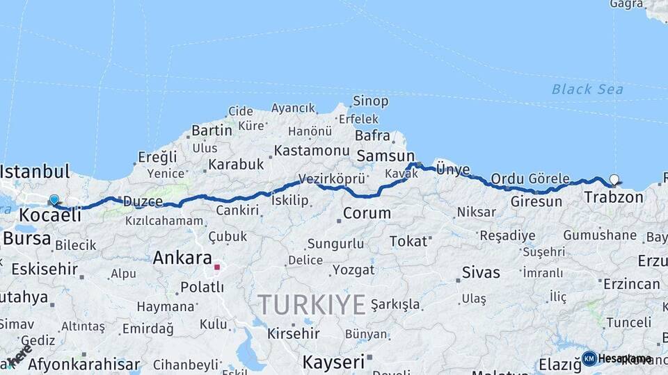 Kocaeli Kartepe Trabzon Arası Kaç Km - Yol Haritası