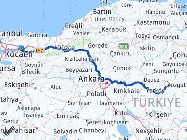 Kocaeli Kartepe Yozgat Arası Kaç Km - Yol Haritası