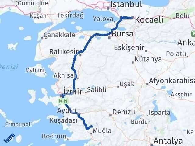 Kocaeli Kavaklıdere Muğla Arası Kaç Km - Yol Haritası