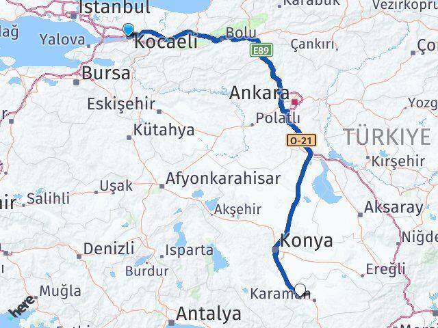 Kocaeli Kazımkarabekir Karaman Arası Kaç Km - Yol Haritası