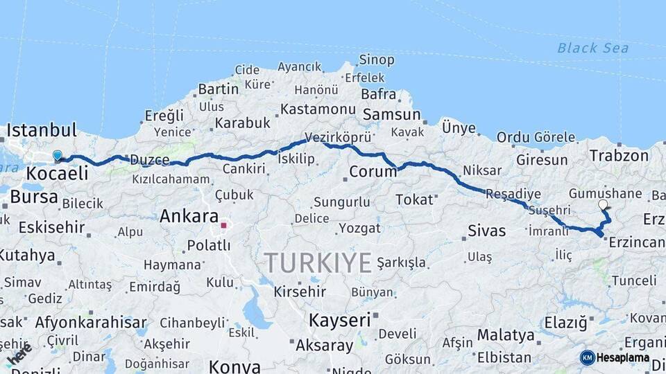 Kocaeli Kelkit Gümüşhane Arası Kaç Km - Yol Haritası