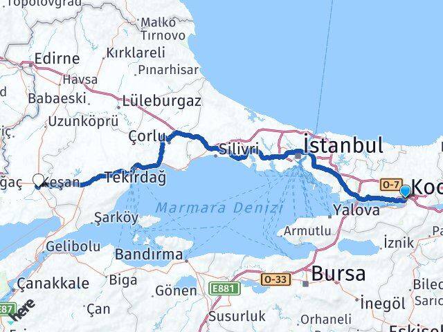 Kocaeli Keşan Edirne Arası Kaç Km - Yol Haritası