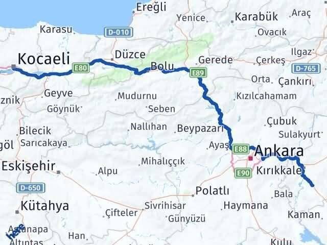 Kocaeli Keskin Kırıkkale Arası Kaç Km - Yol Haritası