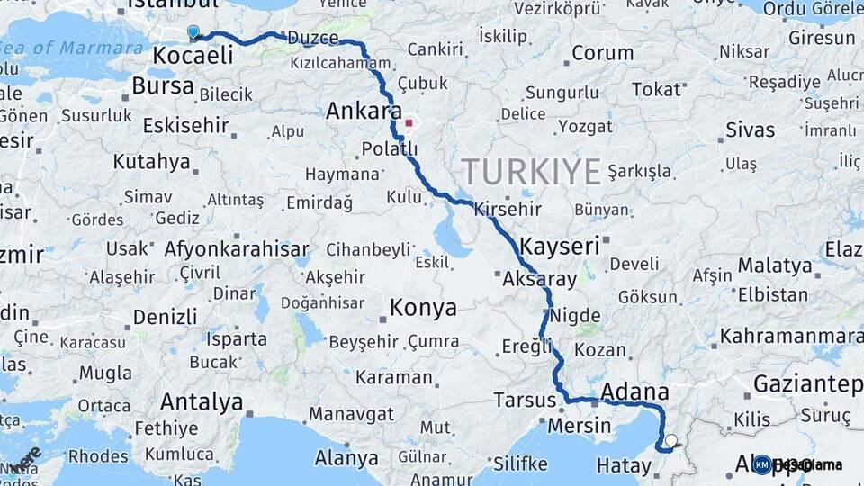 Kocaeli Kırıkhan Hatay Arası Kaç Km - Yol Haritası