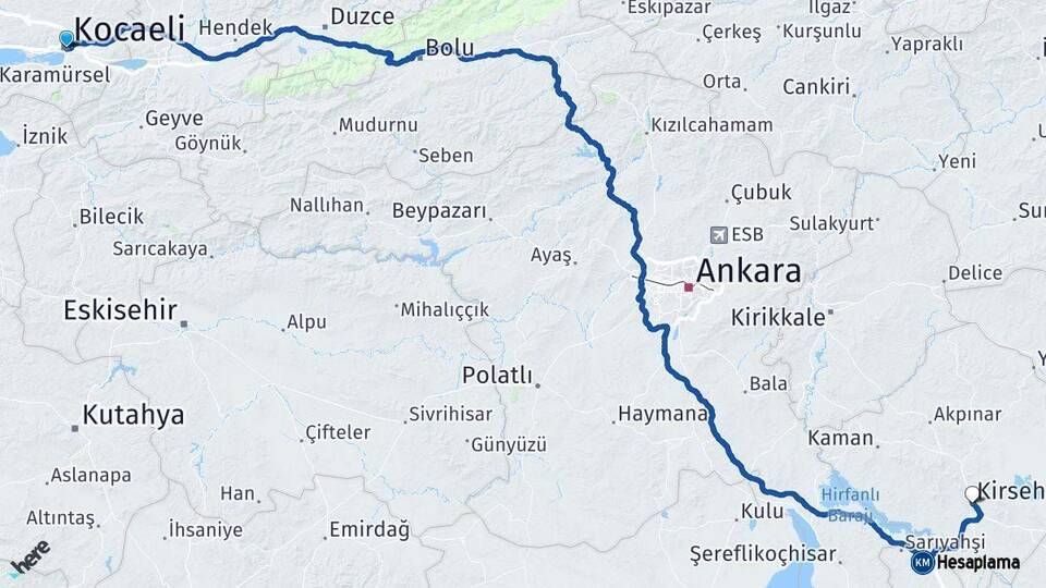 Kocaeli Kırşehir Arası Kaç Km - Yol Haritası