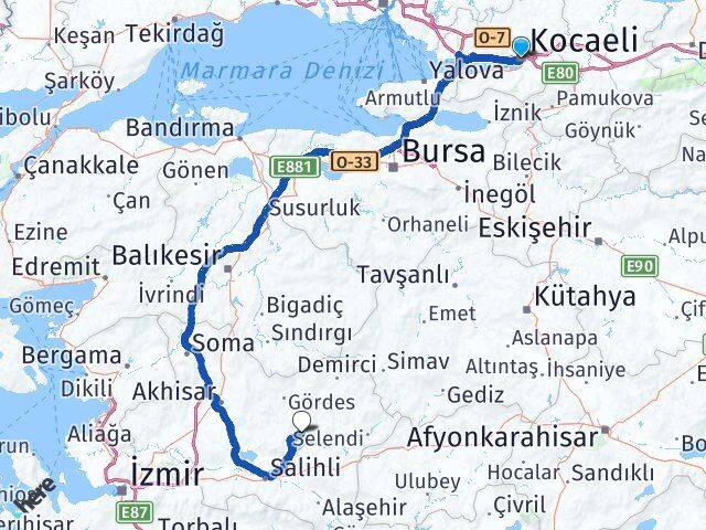 Kocaeli Köprübaşı Manisa Arası Kaç Km - Yol Haritası