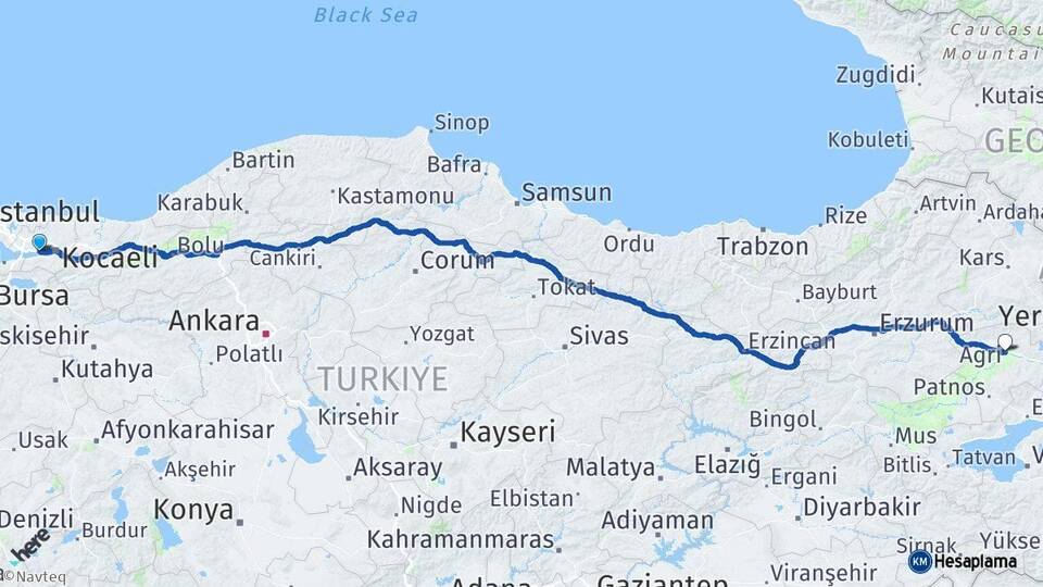 Kocaeli Körfez Ağrı Arası Kaç Km - Yol Haritası