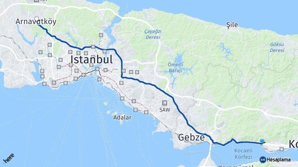 Kocaeli Körfez Arnavutköy İstanbul Arası Kaç Km - Yol Haritası