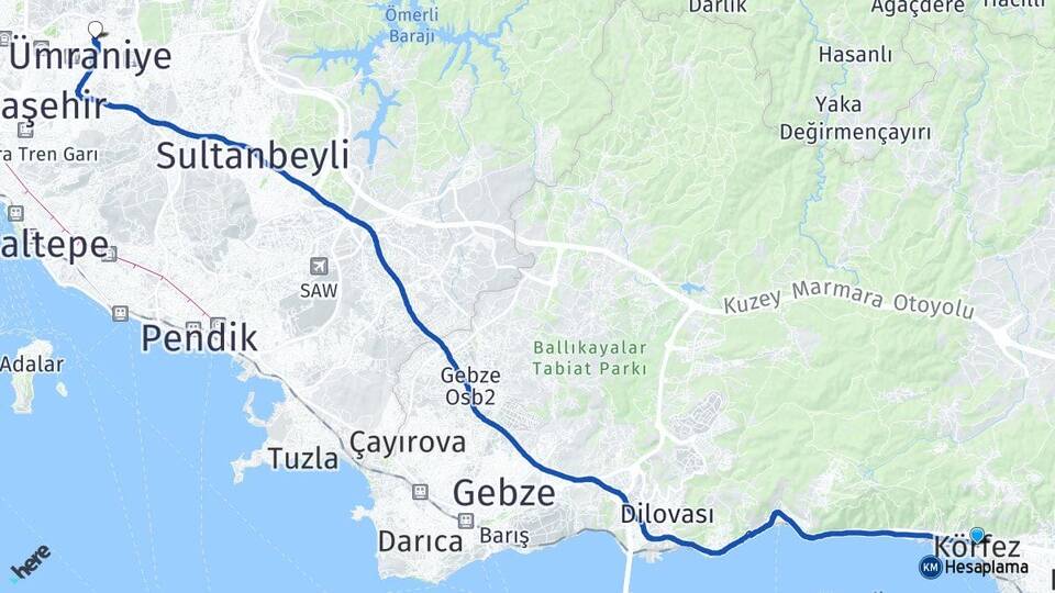 Kocaeli Körfez Aşağı Dudullu Ümraniye İstanbul Arası Kaç Km - Yol Haritası