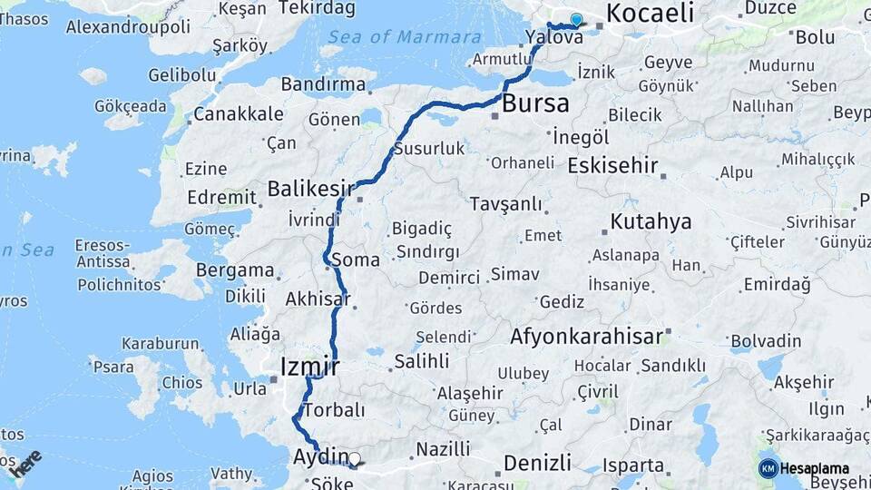 Kocaeli Körfez Aydın Arası Kaç Km - Yol Haritası