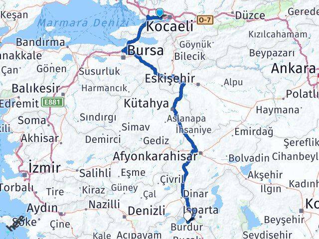 Kocaeli Körfez Burdur Arası Kaç Km - Yol Haritası