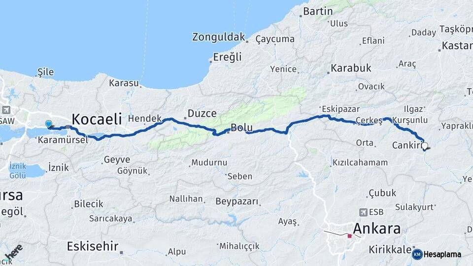 Kocaeli Körfez Çankırı Arası Kaç Km - Yol Haritası