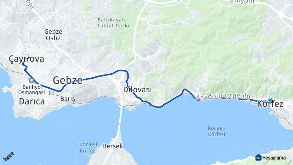 Kocaeli Körfez Çayırova Arası Kaç Km - Yol Haritası
