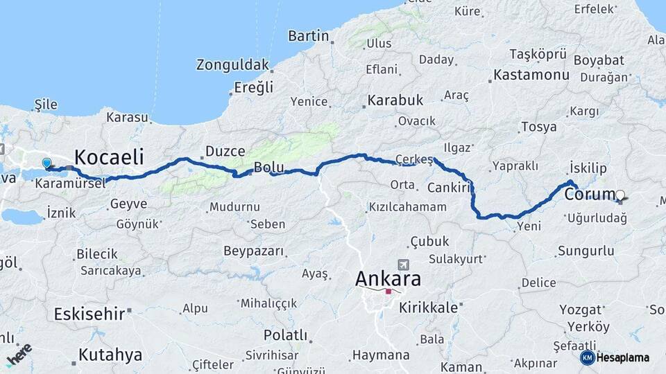 Kocaeli Körfez Çorum Arası Kaç Km - Yol Haritası