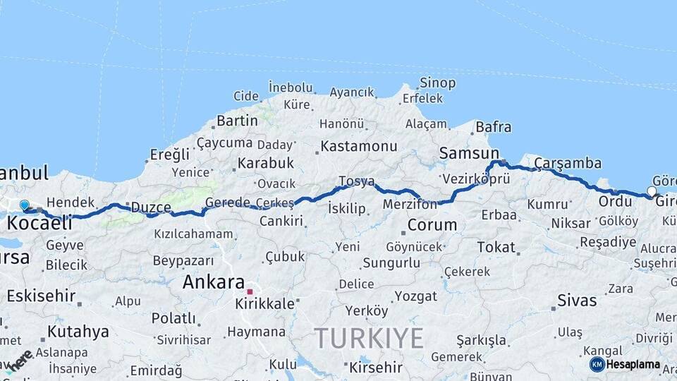 Kocaeli Körfez Giresun Arası Kaç Km - Yol Haritası