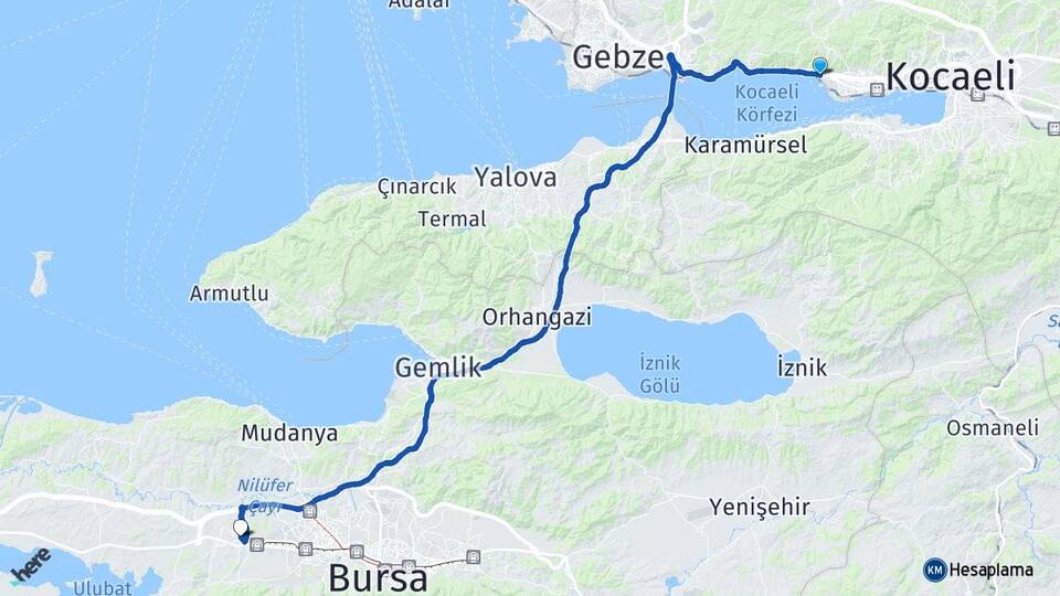 Kocaeli Körfez Görükle Nilüfer Bursa Arası Kaç Km - Yol Haritası