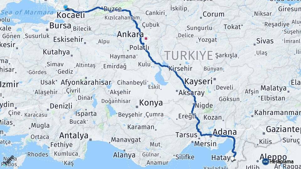 Kocaeli Körfez Hatay Arası Kaç Km - Yol Haritası