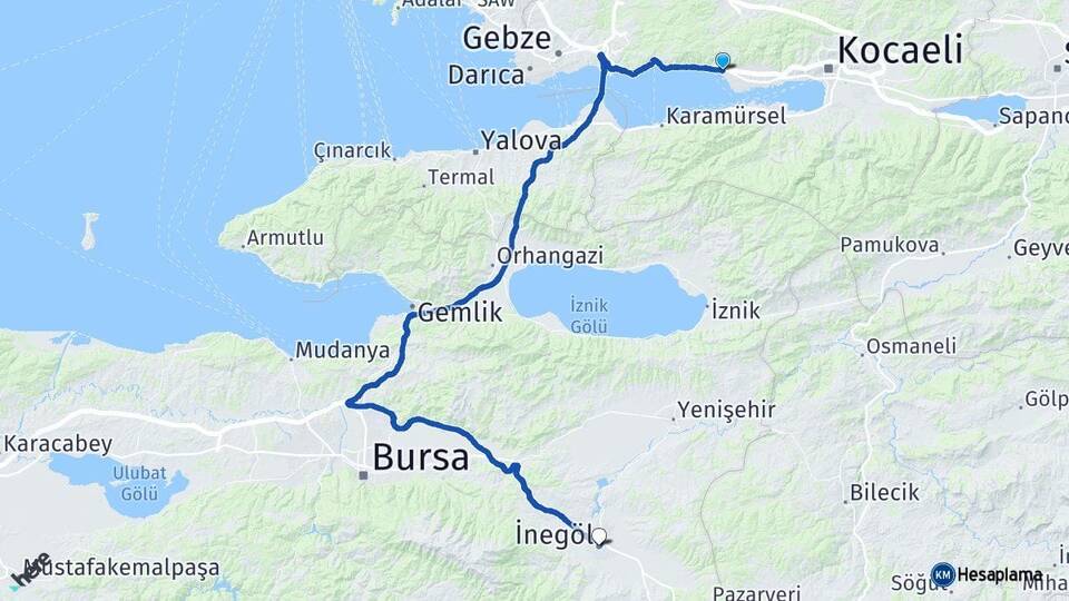 Kocaeli Körfez İnegöl Bursa Arası Kaç Km - Yol Haritası