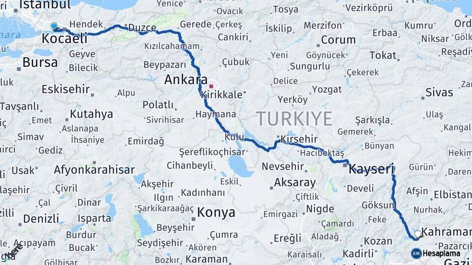 Kocaeli Körfez Kahramanmaraş Arası Kaç Km - Yol Haritası