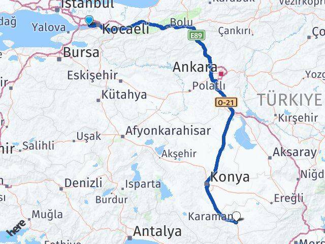 Kocaeli Körfez Karaman Arası Kaç Km - Yol Haritası