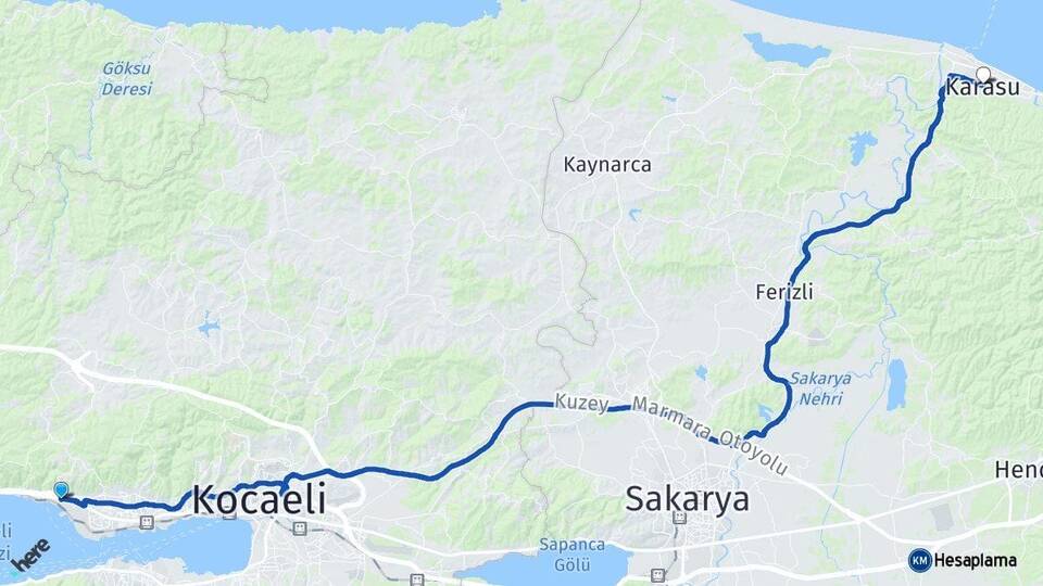 Kocaeli Körfez Karasu Sakarya Arası Kaç Km - Yol Haritası
