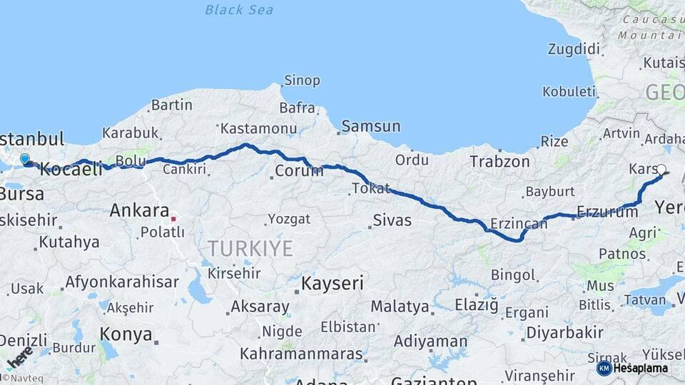 Kocaeli Körfez Kars Arası Kaç Km - Yol Haritası