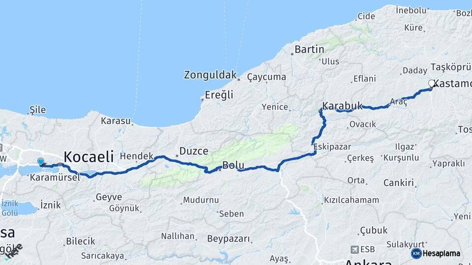 Kocaeli Körfez Kastamonu Arası Kaç Km - Yol Haritası
