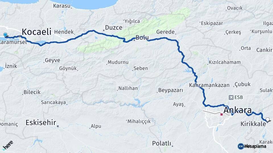 Kocaeli Körfez Kırıkkale Arası Kaç Km - Yol Haritası