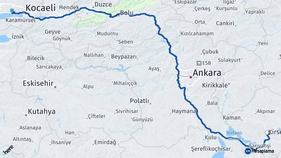 Kocaeli Körfez Kırşehir Arası Kaç Km - Yol Haritası
